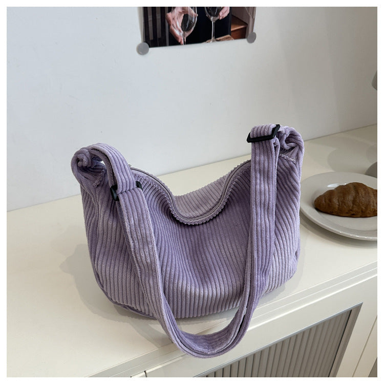 Romantic Large Capacity Crescent Bag Japanese Style Casual Trendy Sweet Solid Color Corduroy Minimalist Shoulder Bag
