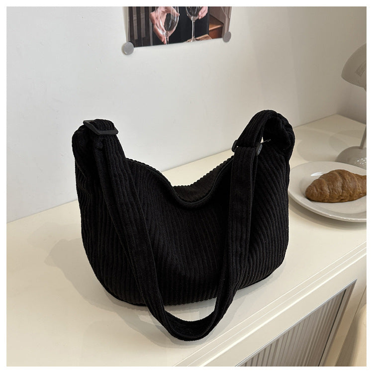 Romantic Large Capacity Crescent Bag Japanese Style Casual Trendy Sweet Solid Color Corduroy Minimalist Shoulder Bag