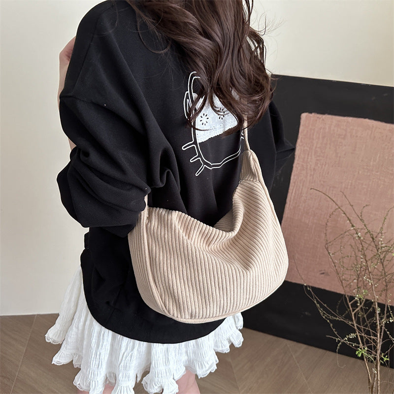 Romantic Large Capacity Crescent Bag Japanese Style Casual Trendy Sweet Solid Color Corduroy Minimalist Shoulder Bag