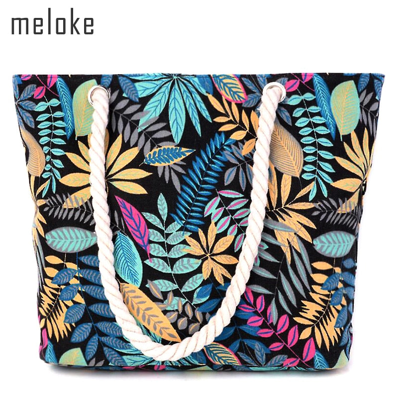 Leaf Print Cotton Shoulder Bag – Large Beach Shopping Bag