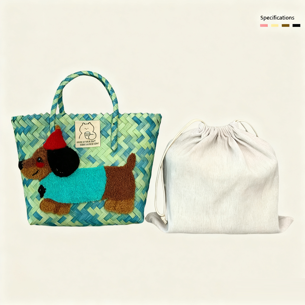 Large capacity sausage dog hand woven cabbage basket rattan woven handbag office miscellaneous carry bag picnic women's bag
