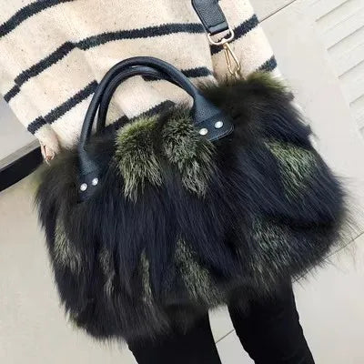 Fox Fur Genuine Leather Handbag – Luxury Party Shoulder Bag