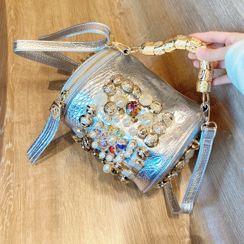 Rhinestone Cylinder Crossbody Bag – Handmade Pillow Clutch