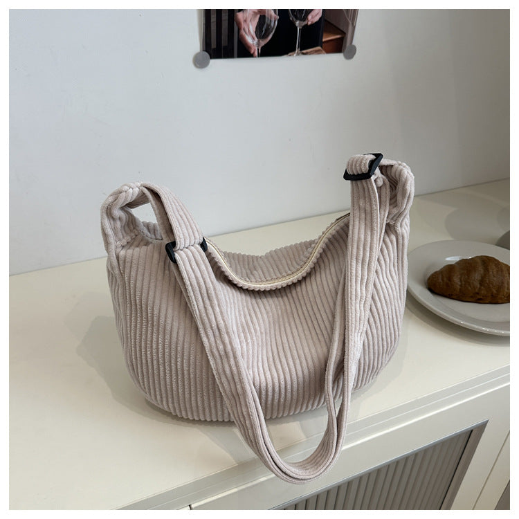 Romantic Large Capacity Crescent Bag Japanese Style Casual Trendy Sweet Solid Color Corduroy Minimalist Shoulder Bag