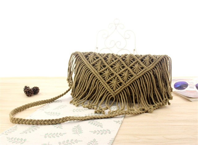 Tassel straw bag large clamshell cotton hand-woven casual female beach bag Knitted Messenger Bags