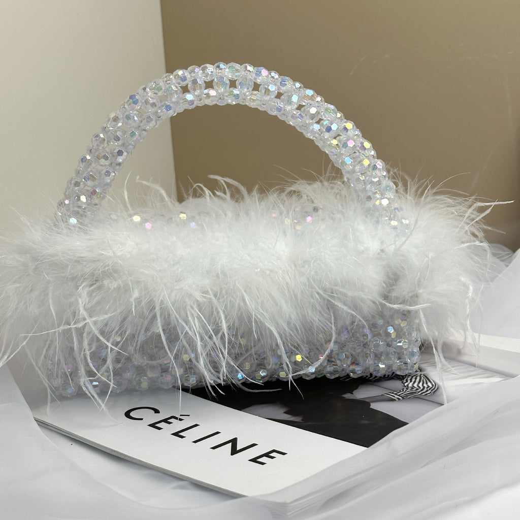 Customized Pearl Bead Bag with Ostrich Feather Fur Designer Brand Box Ladies Hand Bags Handmade Women Party Purses