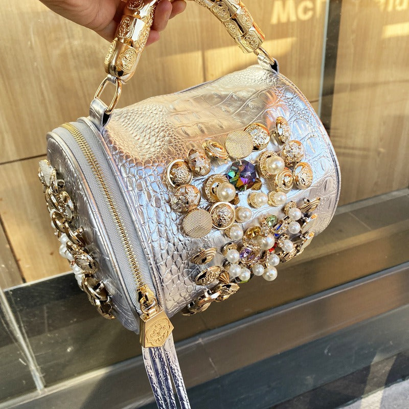 Rhinestone Cylinder Crossbody Bag – Handmade Pillow Clutch