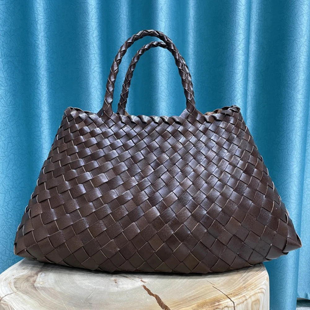 New Genune Leather Weave Hand Bags Tote Top Quality Women Basket Shopping Bags Handle Beach Hobos Handbag