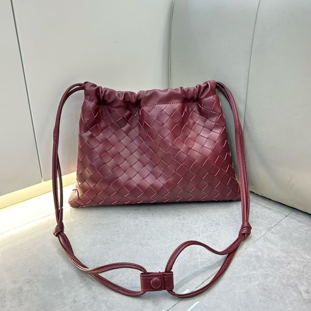 Elegant Fashion Genuine Leather Quilted Shoulder Crossbody Magnetic Snap Drawstring Closure Woven Clutch Bag