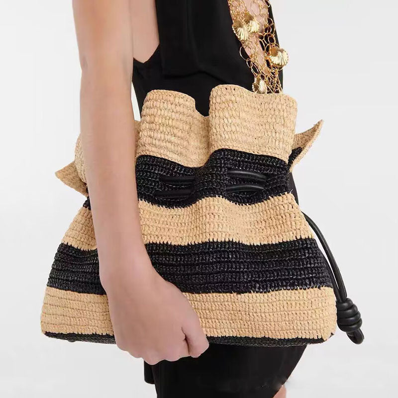 Stripe French Style Single Shoulder Straw Bag Large Capacity Tote Weaving Bag Beach Vacation Sand Bag