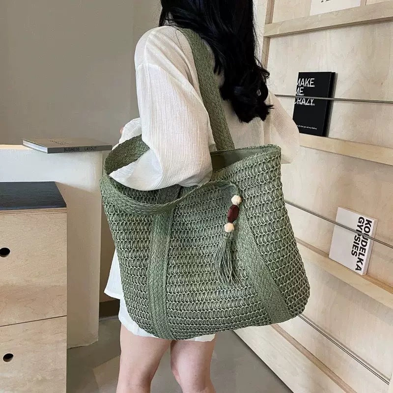 Large capacity commuting straw woven bag hand-held woven vacation style beach shoulder bag