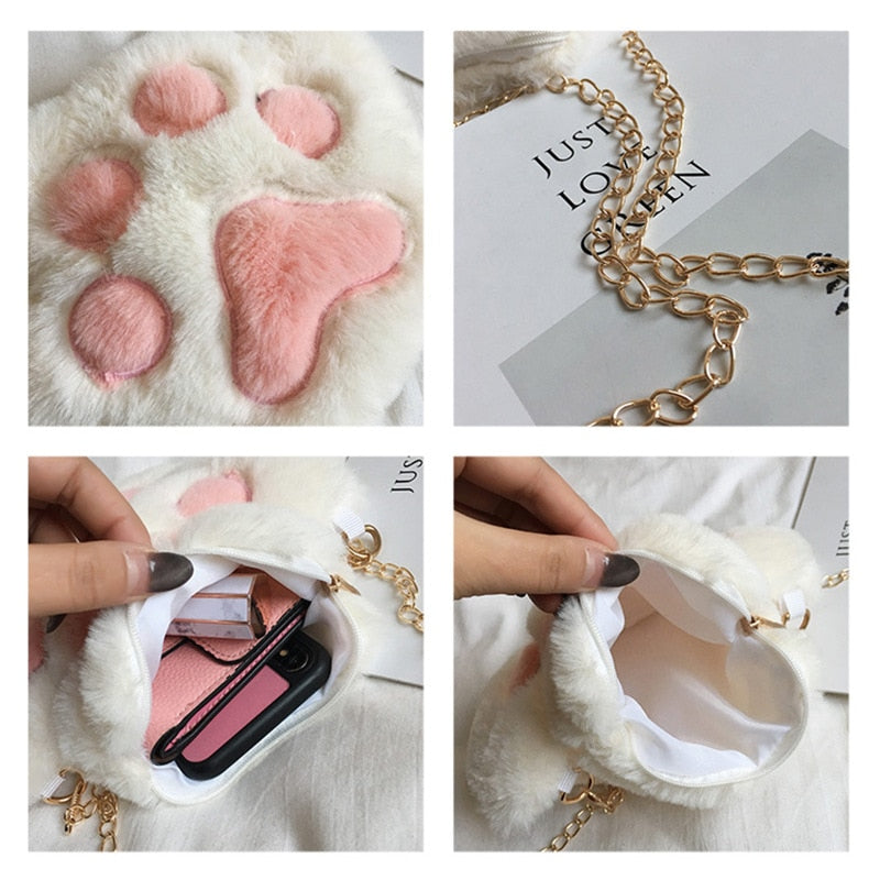 Cute Bear Paw Girls Chain Zipper Shoulder Bag Lovely Children's Soft Plush Coin Purse Baby Boys Accessories Small Crossbody Bags