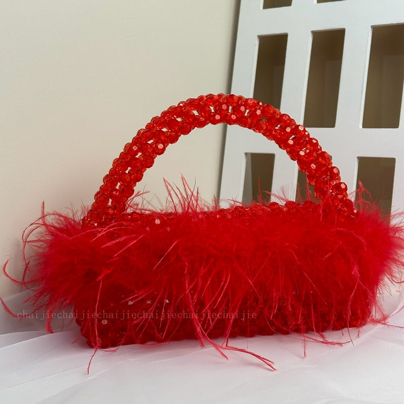 Customized Pearl Bead Bag with Ostrich Feather Fur Designer Brand Box Ladies Hand Bags Handmade Women Party Purses