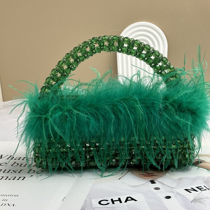 Customized Pearl Bead Bag with Ostrich Feather Fur Designer Brand Box Ladies Hand Bags Handmade Women Party Purses