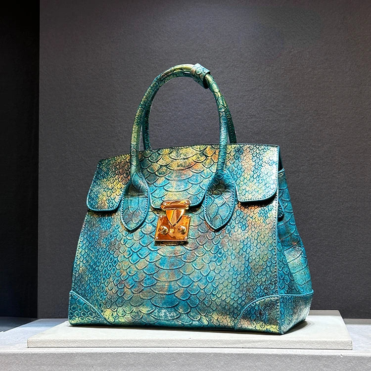 Snake Print Leather Crossbody Bag – Designer Large Handbag