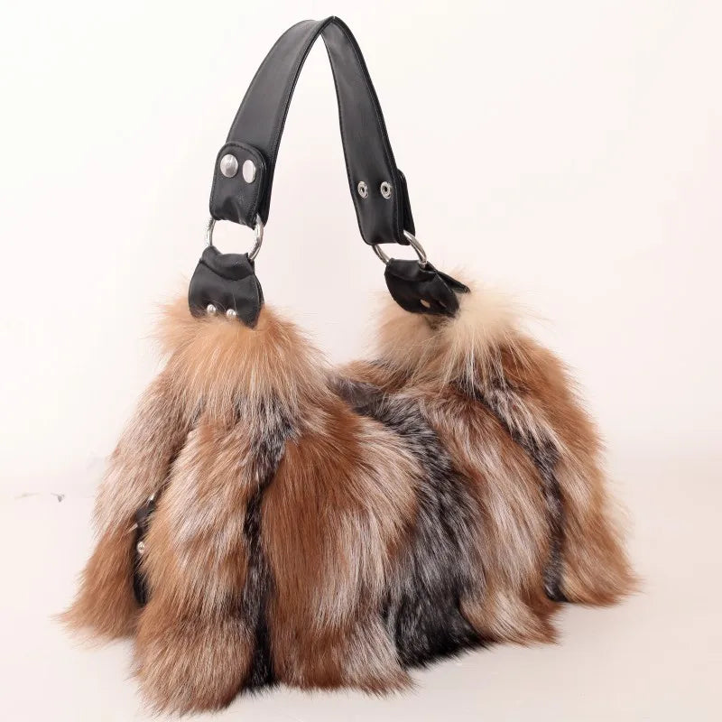 Fox Fur Genuine Leather Handbag – Luxury Party Shoulder Bag
