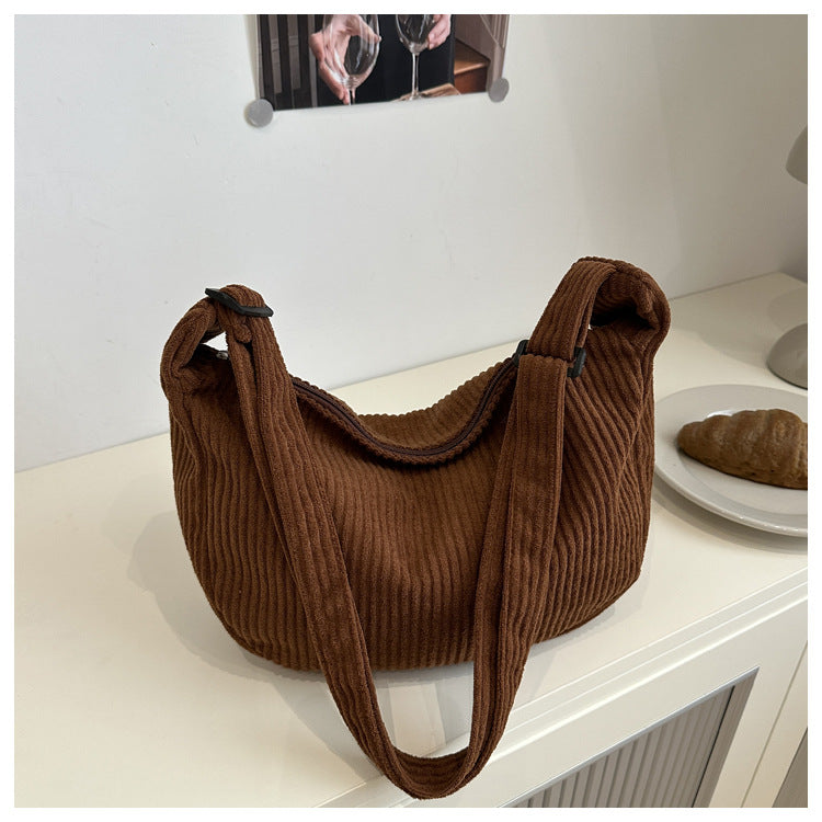 Romantic Large Capacity Crescent Bag Japanese Style Casual Trendy Sweet Solid Color Corduroy Minimalist Shoulder Bag