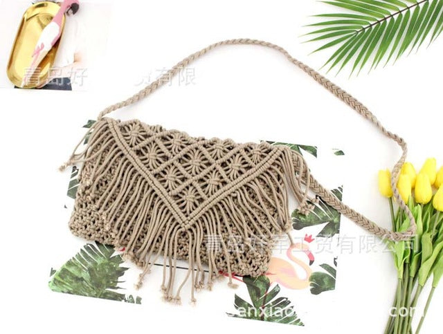 Tassel straw bag large clamshell cotton hand-woven casual female beach bag Knitted Messenger Bags