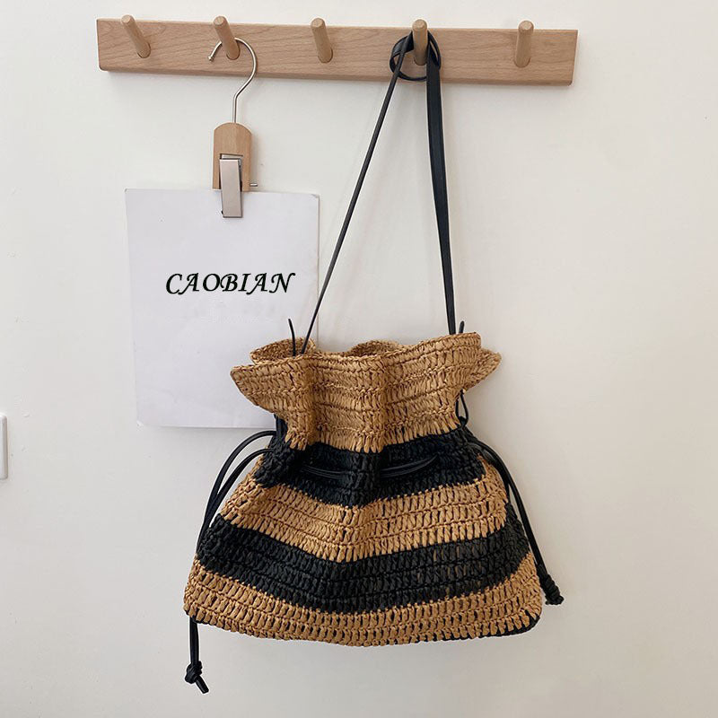 Stripe French Style Single Shoulder Straw Bag Large Capacity Tote Weaving Bag Beach Vacation Sand Bag