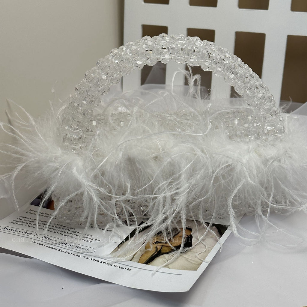 Customized Pearl Bead Bag with Ostrich Feather Fur Designer Brand Box Ladies Hand Bags Handmade Women Party Purses