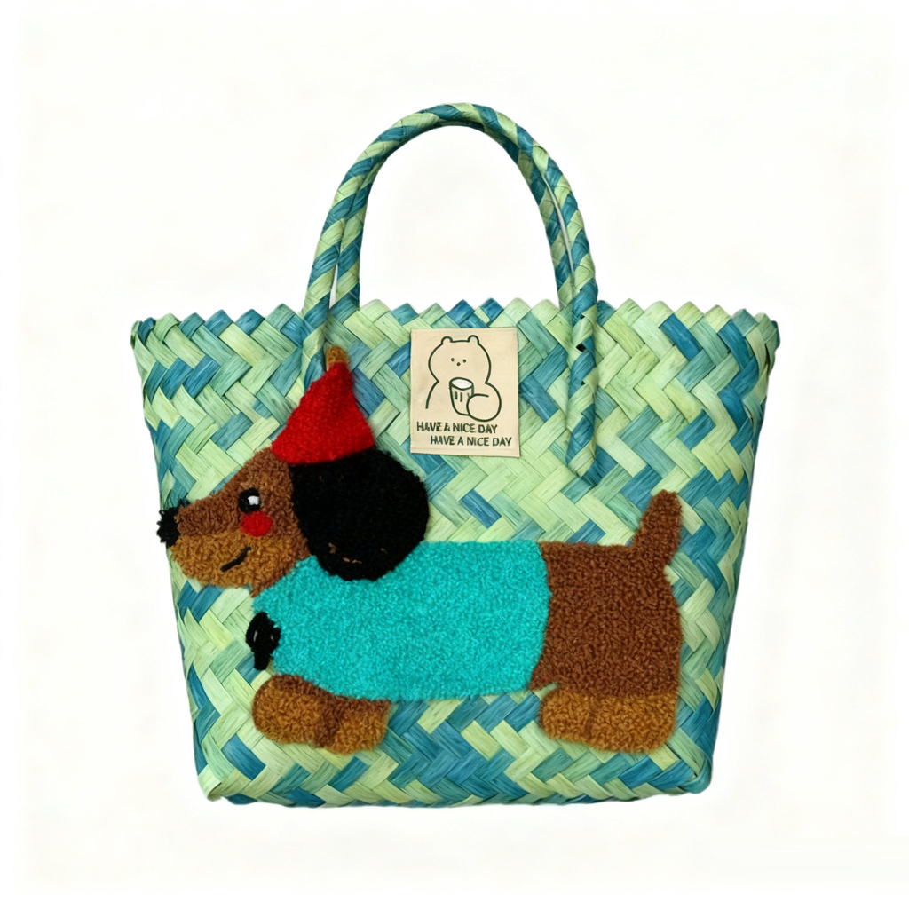 Large capacity sausage dog hand woven cabbage basket rattan woven handbag office miscellaneous carry bag picnic women's bag