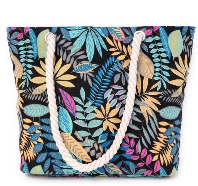 Leaf Print Cotton Shoulder Bag – Large Beach Shopping Bag
