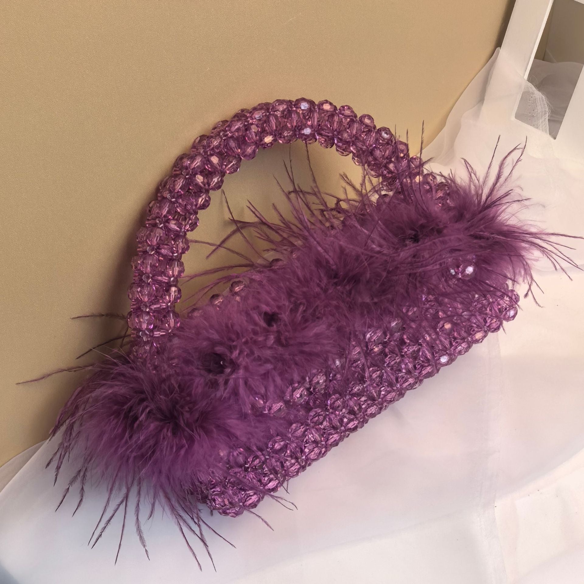 Customized Pearl Bead Bag with Ostrich Feather Fur Designer Brand Box Ladies Hand Bags Handmade Women Party Purses