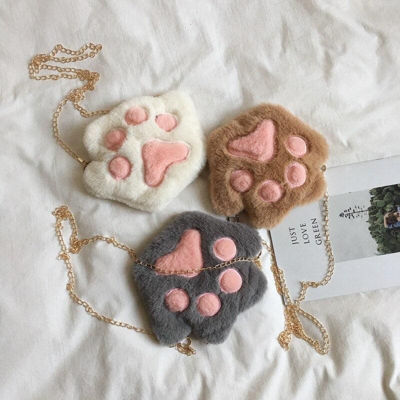 Cute Bear Paw Girls Chain Zipper Shoulder Bag Lovely Children's Soft Plush Coin Purse Baby Boys Accessories Small Crossbody Bags