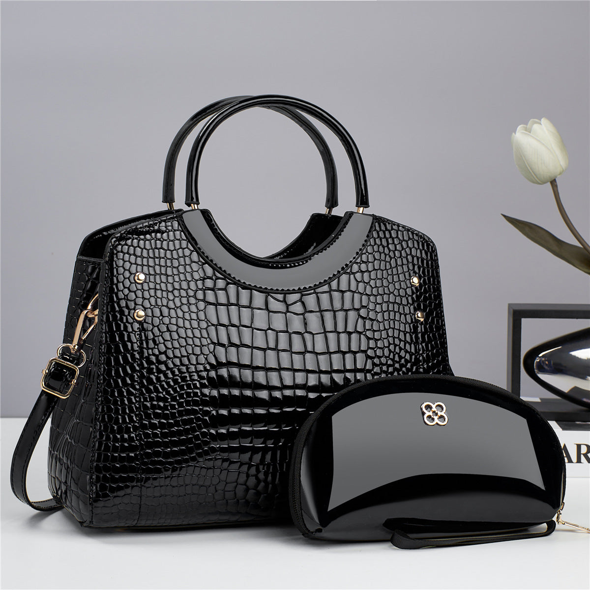 Handbag snake patterned mother and child bag shiny leather platinum bag