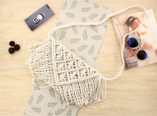 Tassel straw bag large clamshell cotton hand-woven casual female beach bag Knitted Messenger Bags
