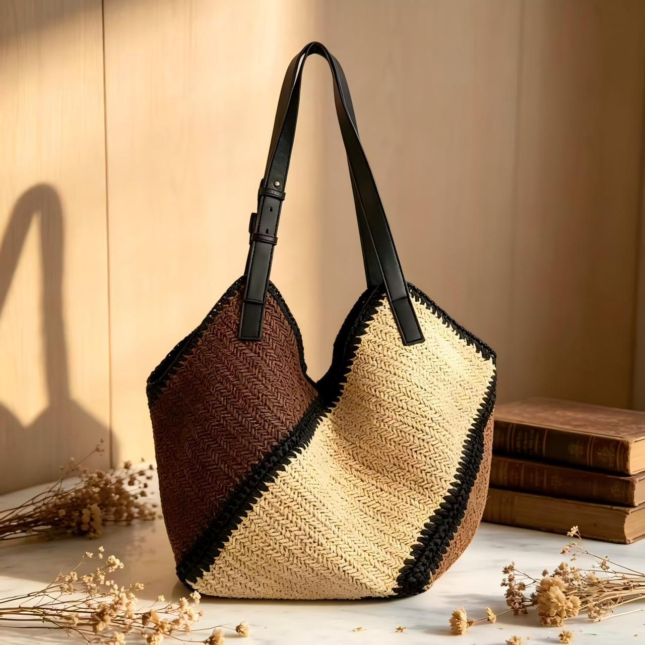Woven Paper Shoulder Bag – Striped Casual Women's Bag