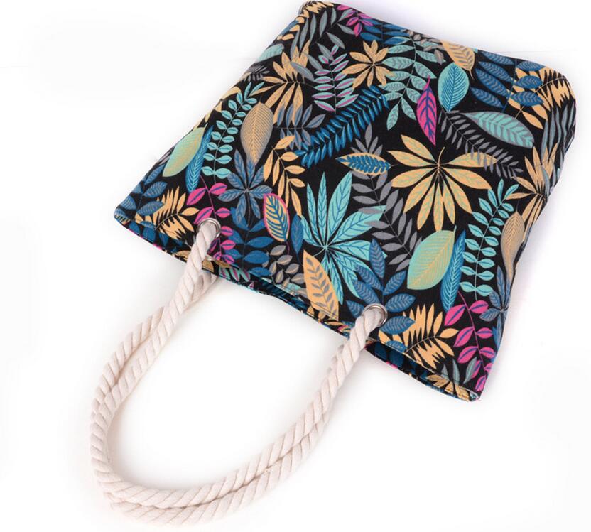 Leaf Print Cotton Shoulder Bag – Large Beach Shopping Bag