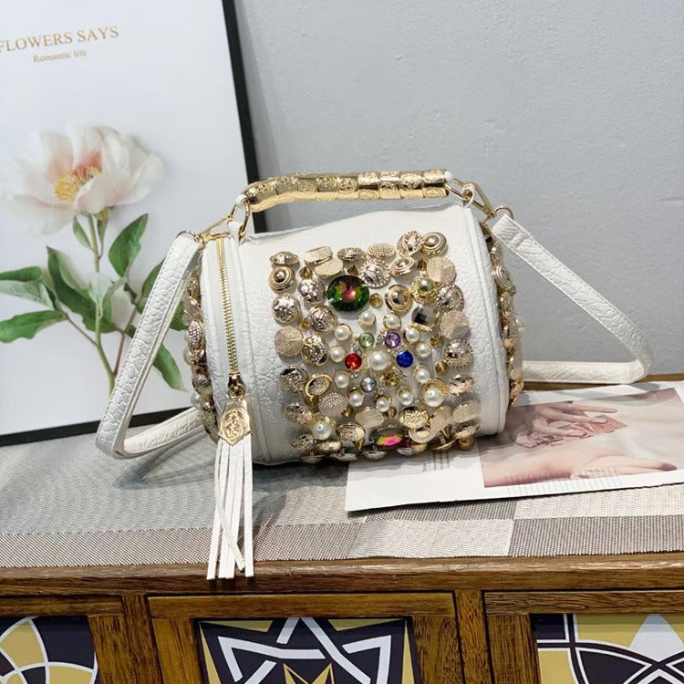 Rhinestone Cylinder Crossbody Bag – Handmade Pillow Clutch